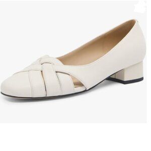 Maiyang Ivory Square Toe Cutout Slip on Pumps Low Chunky Heel Classic Shoes